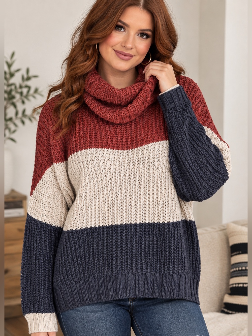 POL Striped Cowlneck Sweater in Rust, Cream & Navy